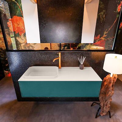 Badkamermeubelset Mondiaz Erin 120 cm met 1 Lade met RIDGE Wastafel Links Linen met 1 kraangat Greeploos Mat Smag