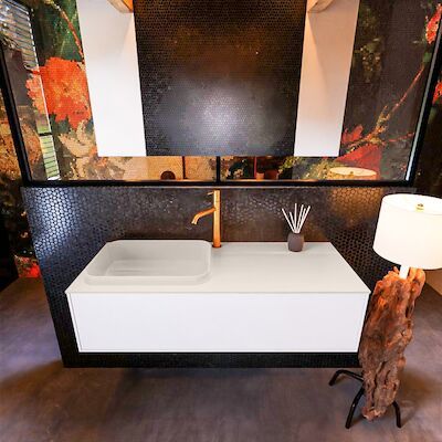 Badkamermeubelset Mondiaz Erin 120 cm met 1 Lade met RIDGE Wastafel Links Linen met 1 kraangat Greeploos Mat Talc