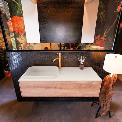 Badkamermeubelset Mondiaz Erin 120 cm met 1 Lade met RIDGE Wastafel Links Linen met 1 kraangat Greeploos Mat Washed Oak
