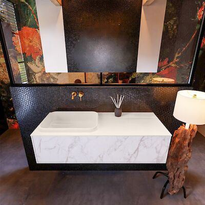 Badkamermeubelset Mondiaz Erin 120 cm met 1 Lade met RIDGE Wastafel Links Linen Zonder Kraangaten Greeploos Mat Carrara