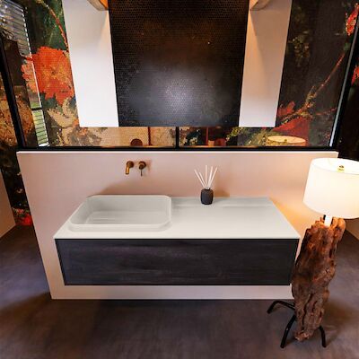 Badkamermeubelset Mondiaz Erin 120 cm met 1 Lade met RIDGE Wastafel Links Linen Zonder Kraangaten Greeploos Mat Dark Brown