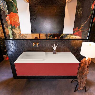 Badkamermeubelset Mondiaz Erin 120 cm met 1 Lade met RIDGE Wastafel Links Linen Zonder Kraangaten Greeploos Mat Fire