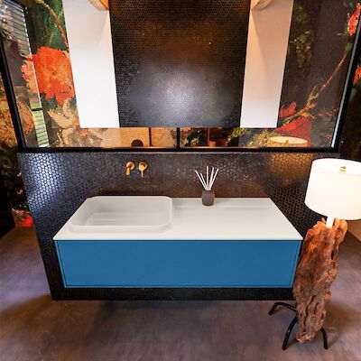 Badkamermeubelset Mondiaz Erin 120 cm met 1 Lade met RIDGE Wastafel Links Linen Zonder Kraangaten Greeploos Mat Jeans