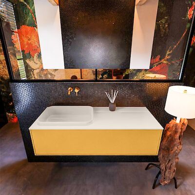 Badkamermeubelset Mondiaz Erin 120 cm met 1 Lade met RIDGE Wastafel Links Linen Zonder Kraangaten Greeploos Mat Ocher