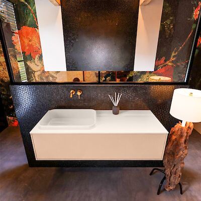 Badkamermeubelset Mondiaz Erin 120 cm met 1 Lade met RIDGE Wastafel Links Linen Zonder Kraangaten Greeploos Mat Rosee