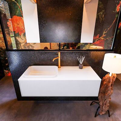 Badkamermeubelset Mondiaz Erin 120 cm met 1 Lade met RIDGE Wastafel Links Talc met 1 kraangat Greeploos Mat Cale