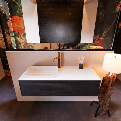 Badkamermeubelset Mondiaz Erin 120 cm met 1 Lade met RIDGE Wastafel Links Talc met 1 kraangat Greeploos Mat Dark Brown