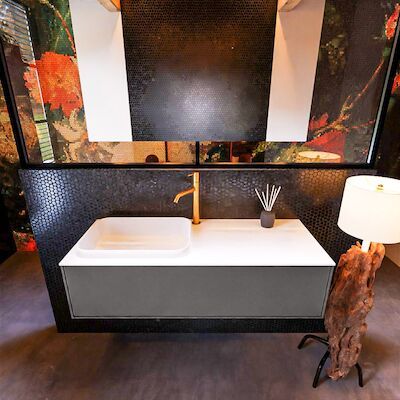 Badkamermeubelset Mondiaz Erin 120 cm met 1 Lade met RIDGE Wastafel Links Talc met 1 kraangat Greeploos Mat Dark Grey