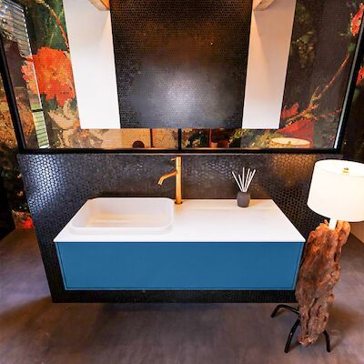 Badkamermeubelset Mondiaz Erin 120 cm met 1 Lade met RIDGE Wastafel Links Talc met 1 kraangat Greeploos Mat Jeans