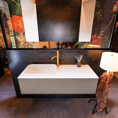 Badkamermeubelset Mondiaz Erin 120 cm met 1 Lade met RIDGE Wastafel Links Talc met 1 kraangat Greeploos Mat Smoke