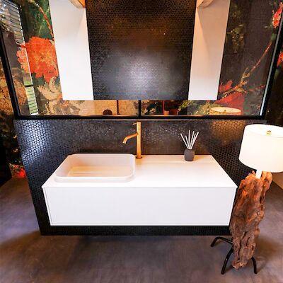 Badkamermeubelset Mondiaz Erin 120 cm met 1 Lade met RIDGE Wastafel Links Talc met 1 kraangat Greeploos Mat Talc