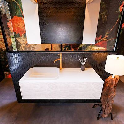Badkamermeubelset Mondiaz Erin 120 cm met 1 Lade met RIDGE Wastafel Links Talc met 1 kraangat Greeploos Mat Underlayment