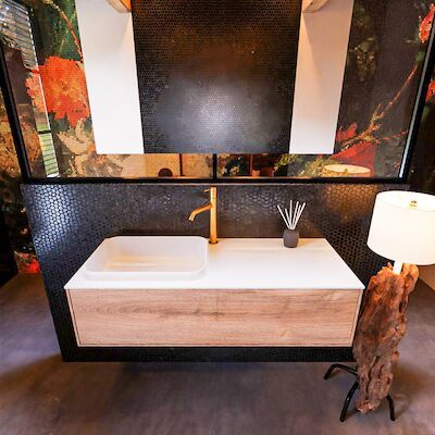 Badkamermeubelset Mondiaz Erin 120 cm met 1 Lade met RIDGE Wastafel Links Talc met 1 kraangat Greeploos Mat Washed Oak