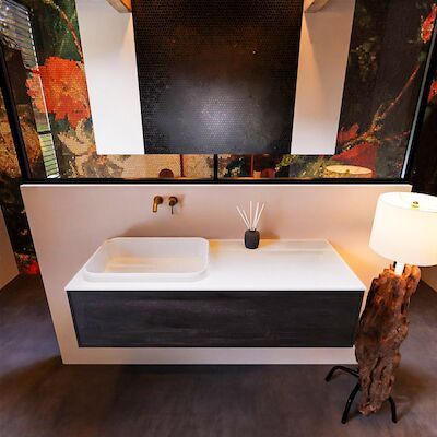 Badkamermeubelset Mondiaz Erin 120 cm met 1 Lade met RIDGE Wastafel Links Talc Zonder Kraangaten Greeploos Mat Antracite