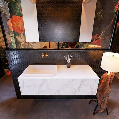 Badkamermeubelset Mondiaz Erin 120 cm met 1 Lade met RIDGE Wastafel Links Talc Zonder Kraangaten Greeploos Mat Carrara