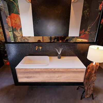 Badkamermeubelset Mondiaz Erin 120 cm met 1 Lade met RIDGE Wastafel Links Talc Zonder Kraangaten Greeploos Mat Dark Brown Grey