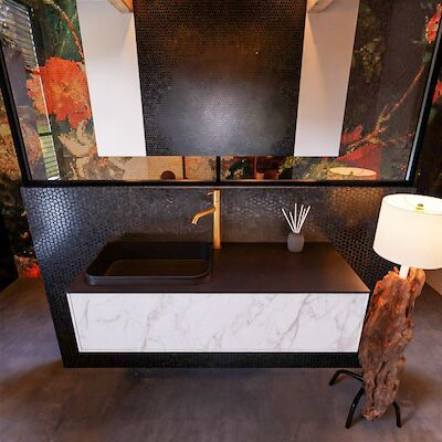 Badkamermeubelset Mondiaz Erin 120 cm met 1 Lade met RIDGE Wastafel Links Urban met 1 kraangat Greeploos Mat Carrara