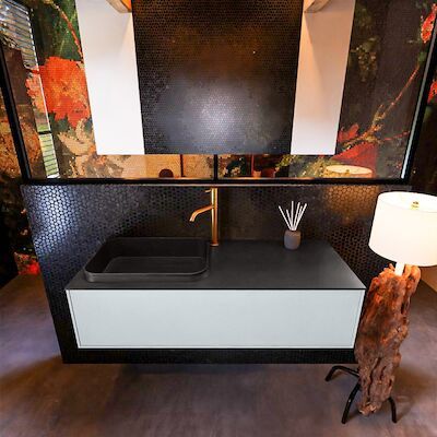 Badkamermeubelset Mondiaz Erin 120 cm met 1 Lade met RIDGE Wastafel Links Urban met 1 kraangat Greeploos Mat Clay