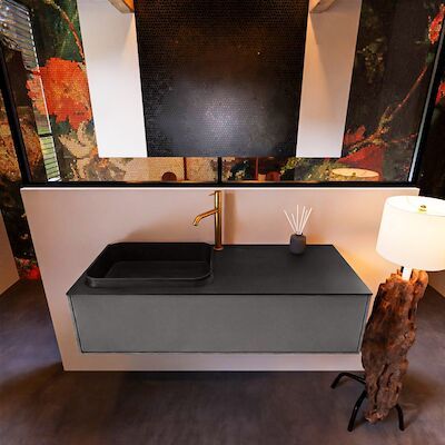 Badkamermeubelset Mondiaz Erin 120 cm met 1 Lade met RIDGE Wastafel Links Urban met 1 kraangat Greeploos Mat Dark Grey