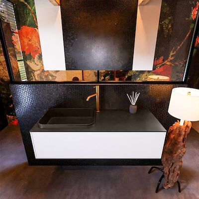 Badkamermeubelset Mondiaz Erin 120 cm met 1 Lade met RIDGE Wastafel Links Urban met 1 kraangat Greeploos Mat Talc