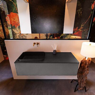 Badkamermeubelset Mondiaz Erin 120 cm met 1 Lade met RIDGE Wastafel Links Urban Zonder Kraangaten Greeploos Mat Dark Grey