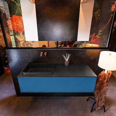 Badkamermeubelset Mondiaz Erin 120 cm met 1 Lade met RIDGE Wastafel Links Urban Zonder Kraangaten Greeploos Mat Jeans