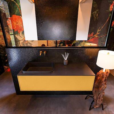 Badkamermeubelset Mondiaz Erin 120 cm met 1 Lade met RIDGE Wastafel Links Urban Zonder Kraangaten Greeploos Mat Ocher
