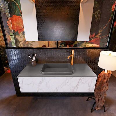 Badkamermeubelset Mondiaz Erin 120 cm met 1 Lade met RIDGE Wastafel Midden Dark grey met 1 kraangat Greeploos Mat Carrara