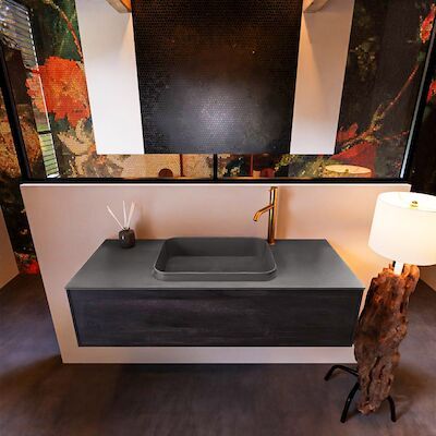 Badkamermeubelset Mondiaz Erin 120 cm met 1 Lade met RIDGE Wastafel Midden Dark grey met 1 kraangat Greeploos Mat Dark Brown