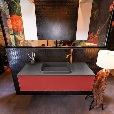 Badkamermeubelset Mondiaz Erin 120 cm met 1 Lade met RIDGE Wastafel Midden Dark grey met 1 kraangat Greeploos Mat Fire