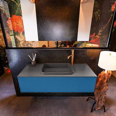 Badkamermeubelset Mondiaz Erin 120 cm met 1 Lade met RIDGE Wastafel Midden Dark grey met 1 kraangat Greeploos Mat Jeans