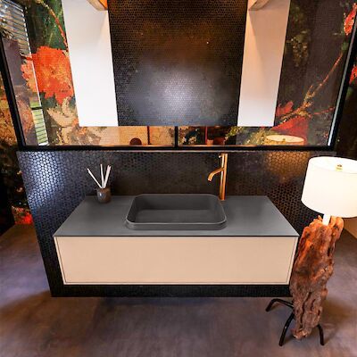 Badkamermeubelset Mondiaz Erin 120 cm met 1 Lade met RIDGE Wastafel Midden Dark grey met 1 kraangat Greeploos Mat Rosee