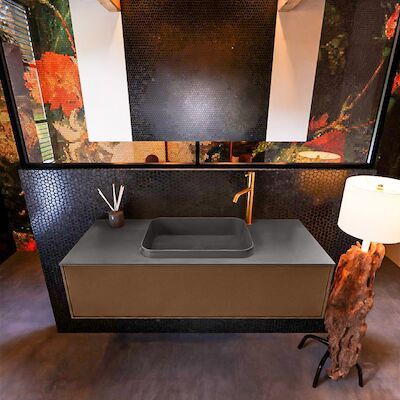 Badkamermeubelset Mondiaz Erin 120 cm met 1 Lade met RIDGE Wastafel Midden Dark grey met 1 kraangat Greeploos Mat Rust
