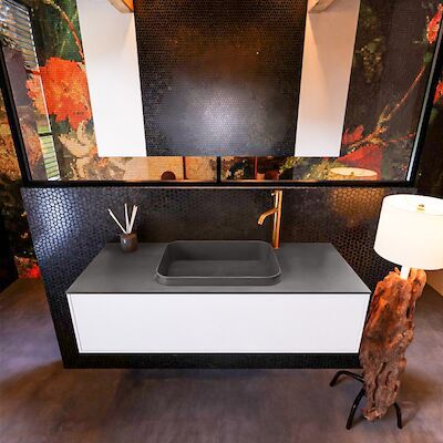 Badkamermeubelset Mondiaz Erin 120 cm met 1 Lade met RIDGE Wastafel Midden Dark grey met 1 kraangat Greeploos Mat Talc
