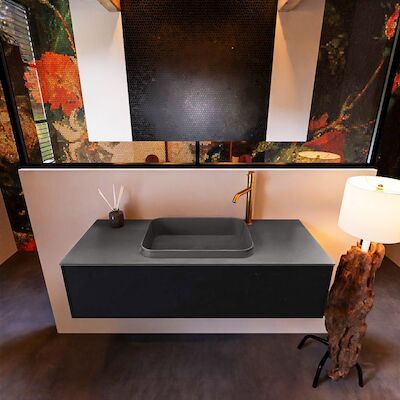 Badkamermeubelset Mondiaz Erin 120 cm met 1 Lade met RIDGE Wastafel Midden Dark grey met 1 kraangat Greeploos Mat Urban