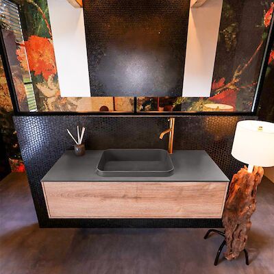 Badkamermeubelset Mondiaz Erin 120 cm met 1 Lade met RIDGE Wastafel Midden Dark grey met 1 kraangat Greeploos Mat Washed Oak