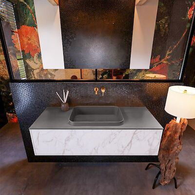 Badkamermeubelset Mondiaz Erin 120 cm met 1 Lade met RIDGE Wastafel Midden Dark grey Zonder Kraangaten Greeploos Mat Carrara