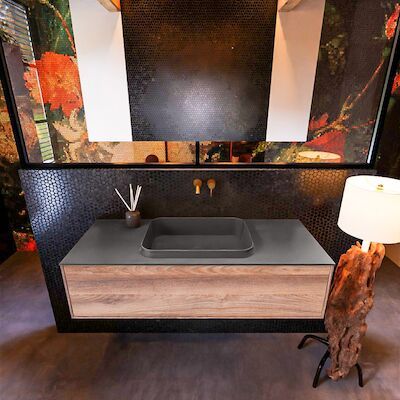 Badkamermeubelset Mondiaz Erin 120 cm met 1 Lade met RIDGE Wastafel Midden Dark grey Zonder Kraangaten Greeploos Mat Dark Brown Grey