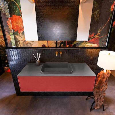 Badkamermeubelset Mondiaz Erin 120 cm met 1 Lade met RIDGE Wastafel Midden Dark grey Zonder Kraangaten Greeploos Mat Fire