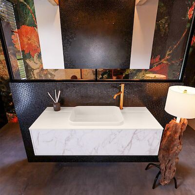 Badkamermeubelset Mondiaz Erin 120 cm met 1 Lade met RIDGE Wastafel Midden Linen met 1 kraangat Greeploos Mat Carrara