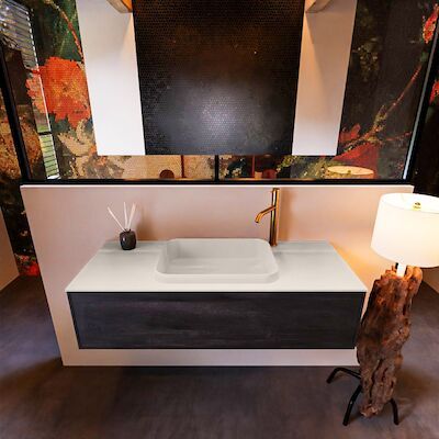 Badkamermeubelset Mondiaz Erin 120 cm met 1 Lade met RIDGE Wastafel Midden Linen met 1 kraangat Greeploos Mat Dark Brown