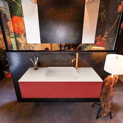 Badkamermeubelset Mondiaz Erin 120 cm met 1 Lade met RIDGE Wastafel Midden Linen met 1 kraangat Greeploos Mat Fire
