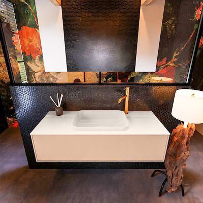 Badkamermeubelset Mondiaz Erin 120 cm met 1 Lade met RIDGE Wastafel Midden Linen met 1 kraangat Greeploos Mat Rosee
