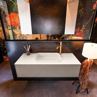 Badkamermeubelset Mondiaz Erin 120 cm met 1 Lade met RIDGE Wastafel Midden Linen met 1 kraangat Greeploos Mat Smoke