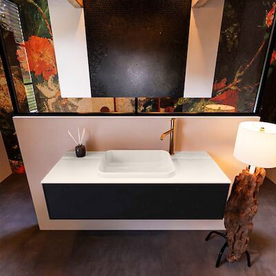 Badkamermeubelset Mondiaz Erin 120 cm met 1 Lade met RIDGE Wastafel Midden Linen met 1 kraangat Greeploos Mat Urban