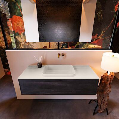 Badkamermeubelset Mondiaz Erin 120 cm met 1 Lade met RIDGE Wastafel Midden Linen Zonder Kraangaten Greeploos Mat Dark Brown
