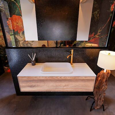 Badkamermeubelset Mondiaz Erin 120 cm met 1 Lade met RIDGE Wastafel Midden Talc met 1 kraangat Greeploos Mat Dark Brown Grey