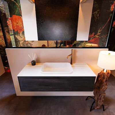Badkamermeubelset Mondiaz Erin 120 cm met 1 Lade met RIDGE Wastafel Midden Talc met 1 kraangat Greeploos Mat Dark Brown