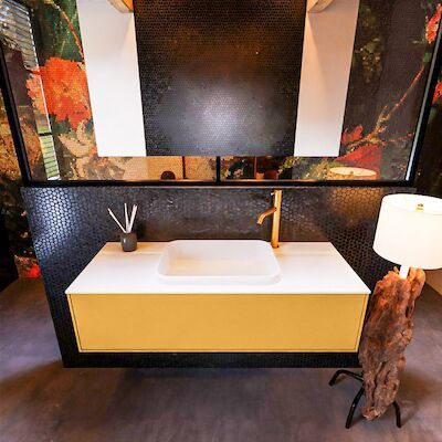 Badkamermeubelset Mondiaz Erin 120 cm met 1 Lade met RIDGE Wastafel Midden Talc met 1 kraangat Greeploos Mat Ocher