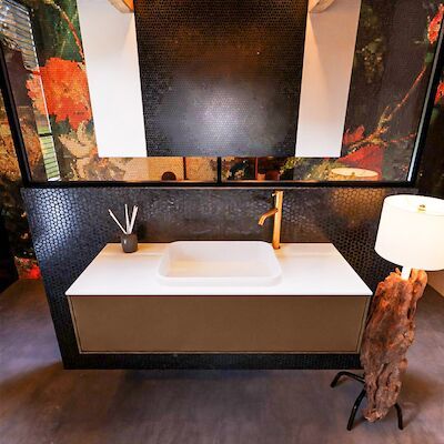 Badkamermeubelset Mondiaz Erin 120 cm met 1 Lade met RIDGE Wastafel Midden Talc met 1 kraangat Greeploos Mat Rust